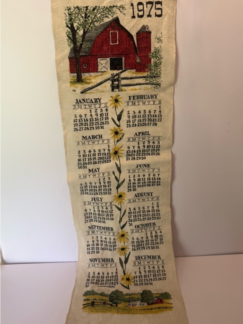 Vintage 1975 Red Barn Calendar Wall Hanging with Sunflower Motif retro kitchen